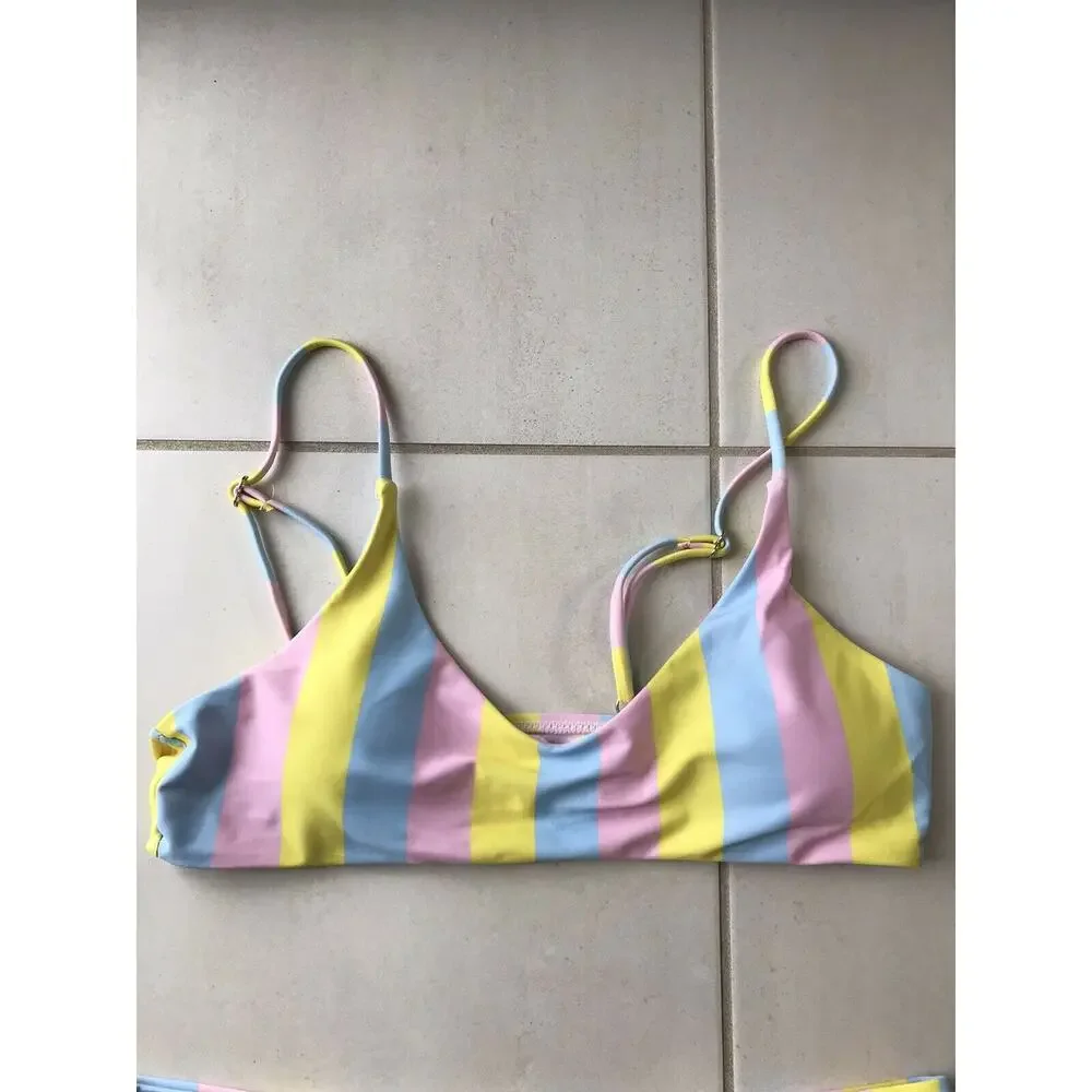 Shein Swim Women M Bikini Swimsuit Multicolor Striped Padded Bra Swimwear NWT